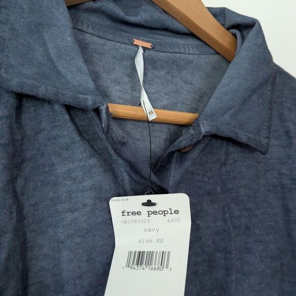 Free People Short Sleeve Weekend Rush Button Down Cropped Top in Navy - Picture 5 of 7